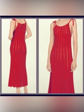 Mango Red Knit Sleeveless Midi Dress - KNITTED WITH KNOTS & LACE DESIGN -Size M